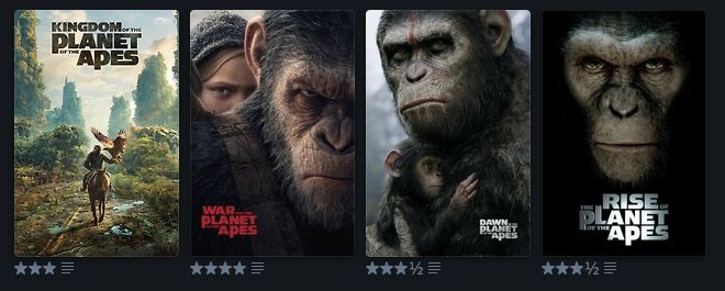 Last Four Watched: Kingdom, War, Dawn, & Rise of the Planet of the Apes movie posters