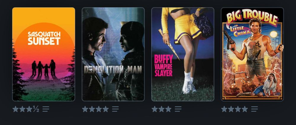 Gnarls’ last four watched: Sasquatch Sunset, Demolition Man, Buffy the Vampire Slayer, Big Trouble in Little China