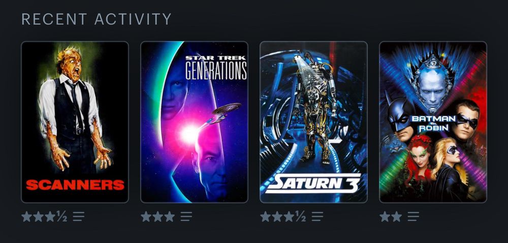 Gnarls’ last four watched on Letterboxd. Movie posters for Scanners, Star Trek: Generations, Saturn 3, and Batman & Robin