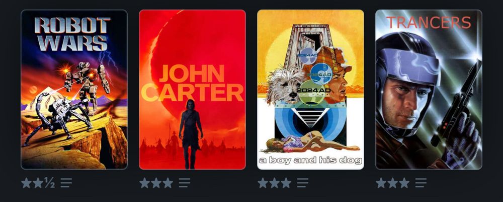 Last four watched: Robot Wars, John Carter, A Boy And His Dog, & Trancers