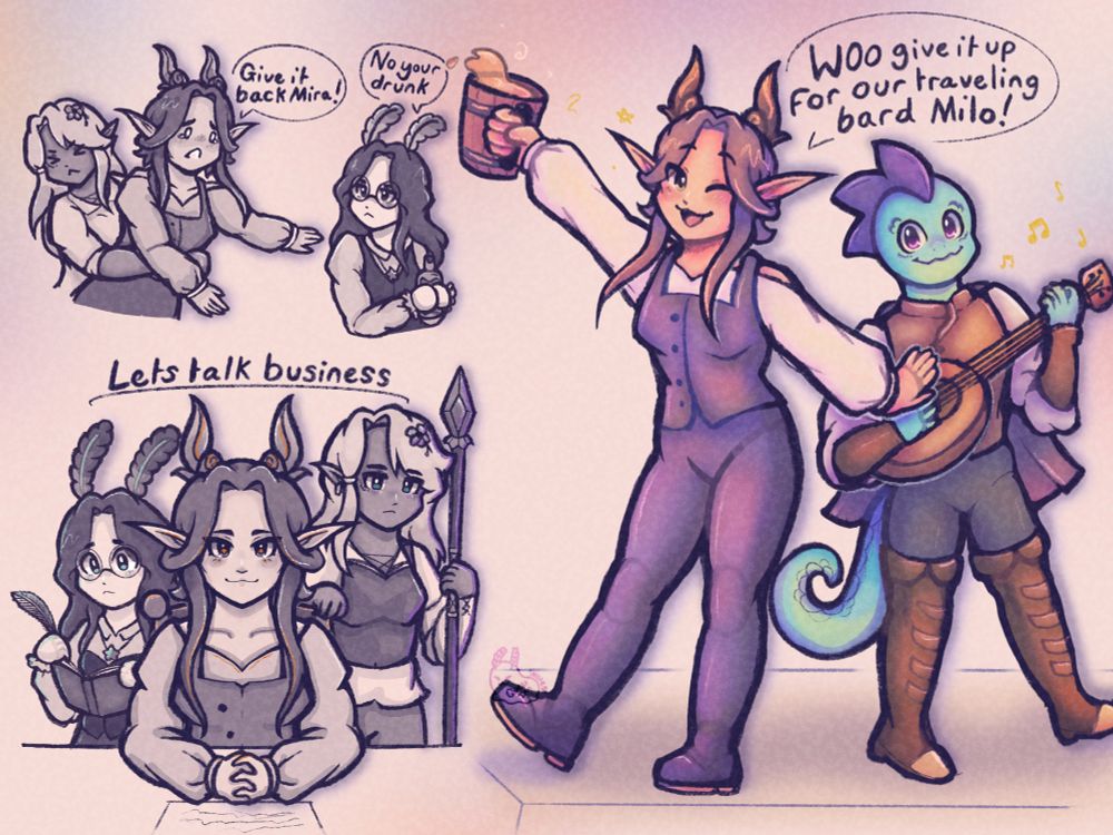 Nova hanging out / working with some soon to be familiar faces and a chameleon bard called Milo.