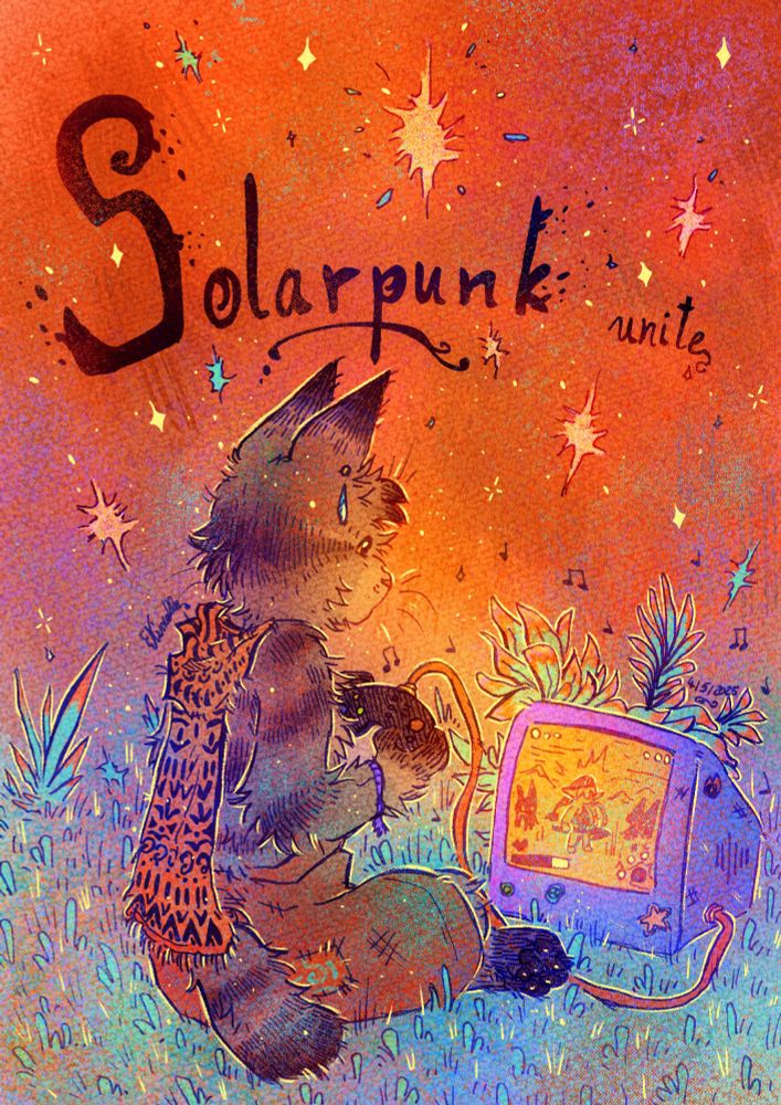 Traditional and digital artwork - the line was done with ink on paper and the colors were added digitally. The sky is bright orange and grass is mostly blue/turquoise. A tiny cat with a scarf with patterns and pants is playing video games on a retro TV and with a retro controller. There are stars in the sky and it is written "Solarpunk Unite" in the center top.