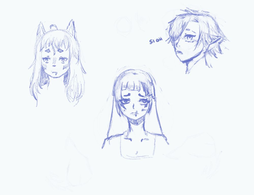 three drawings of fictional people with scars, and sad appearance