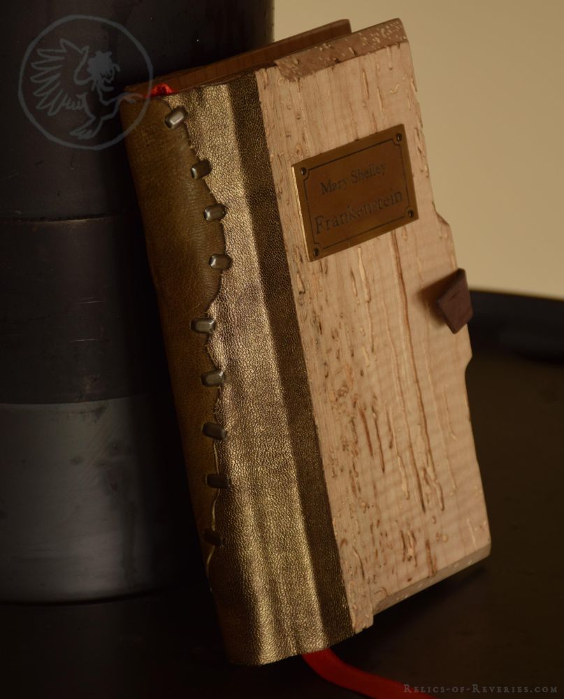 Spine of the book, showing the many staples joining two pieces of leather ; one piece of leather has a shiny golden surface while the other is dark-green with slightly burnt edges.