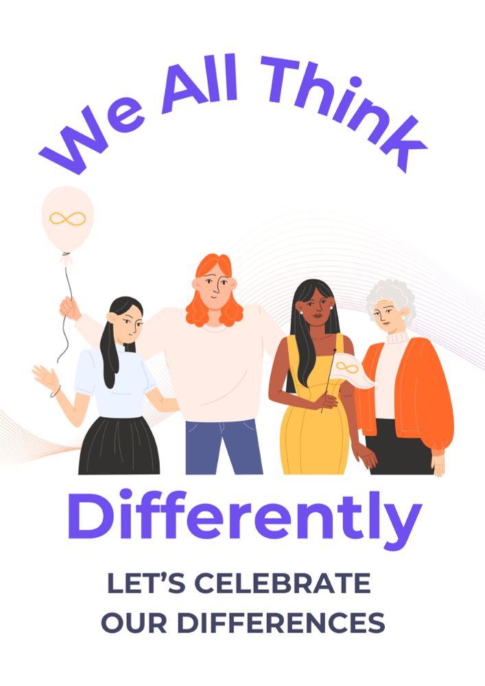 A vertical image depicting four women of varying ages and ethnicities standing side-by-side. The text 'We All Think' curves above them, and 'Differently' is written below in a larger font. Below them, smaller text reads 'Let's Celebrate Our Differences in honour of the start of Neurodiversity week