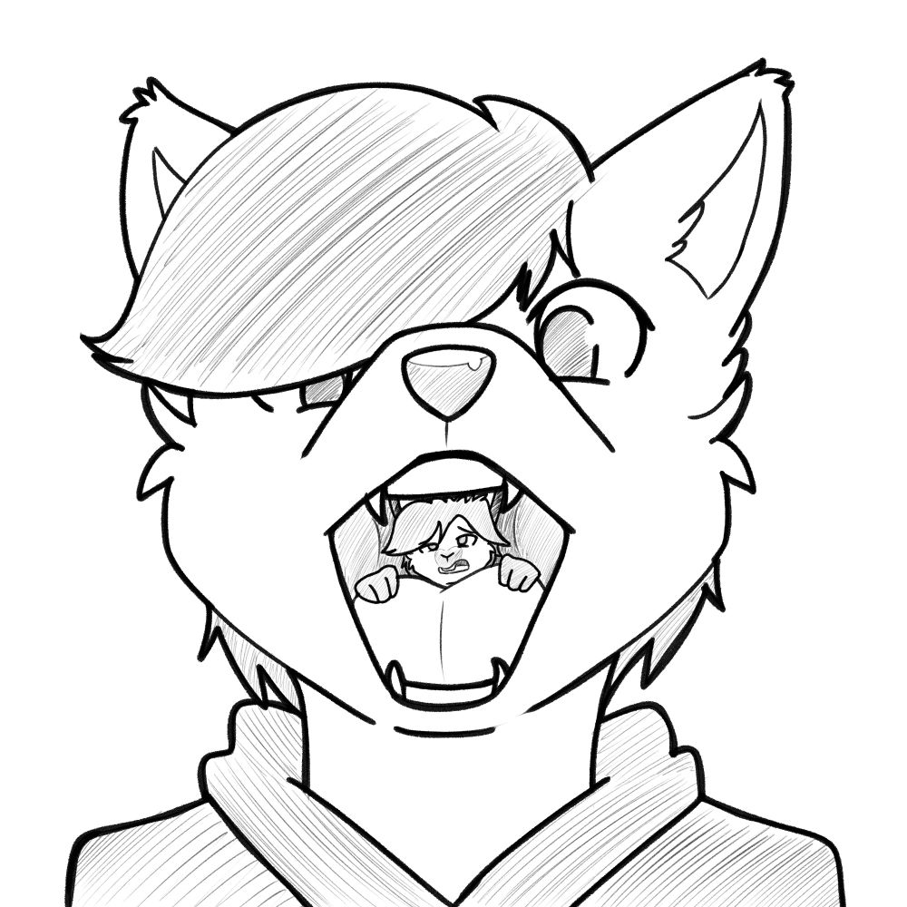 A fox-like pred with their maw open, revealing a smaller Hare slipping past the back of their throat