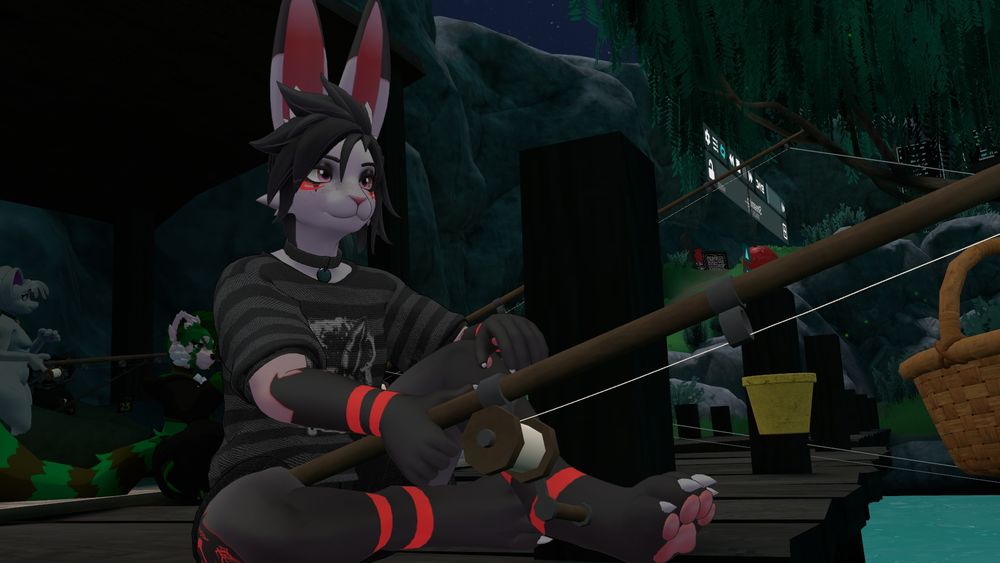 A VRC photo of myself in a bunny model sitting on a dock fishing in a pond
