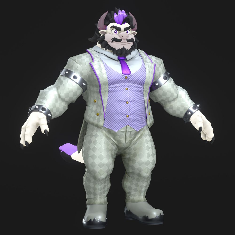 Character wearing elegant outfit based on Bowser's wedding design, white with purple tones.