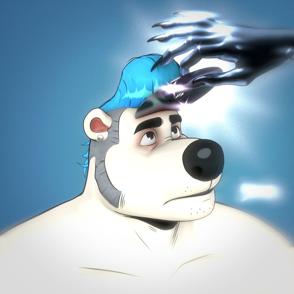 Fan art of the album cover from Imaginal Disk featuring an anthropomorphic polar bear getting inserted a disk in his forehead by a 6 finger hand.