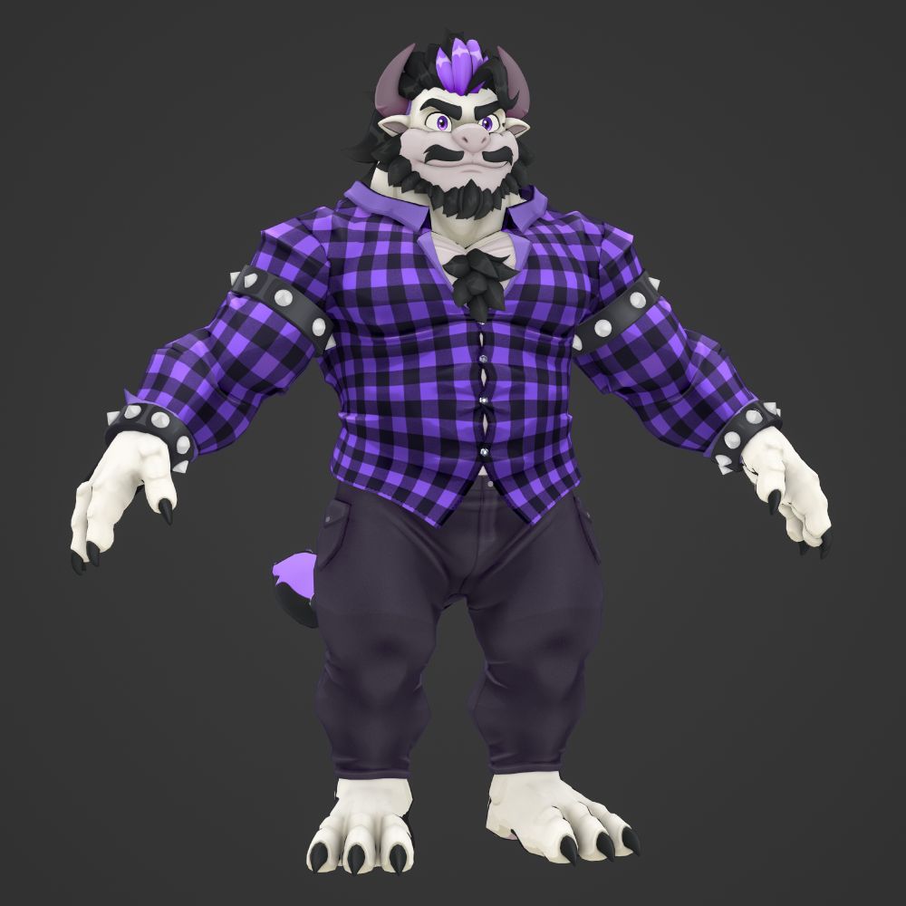 Character wearing casual outfit. Purple squared flannel and dark cargo pants.