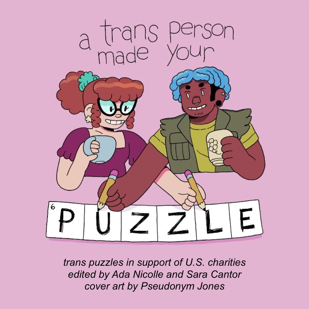 a cover by artist Pseudonym Jones depicting a transfem and a transmasc solving a puzzle, which reads "a trans person made your puzzle." the subtitle reads "trans puzzles in support of U.S. charities, edited by Ada Nicolle and Sara Cantor, cover art by Pseudonym Jones"