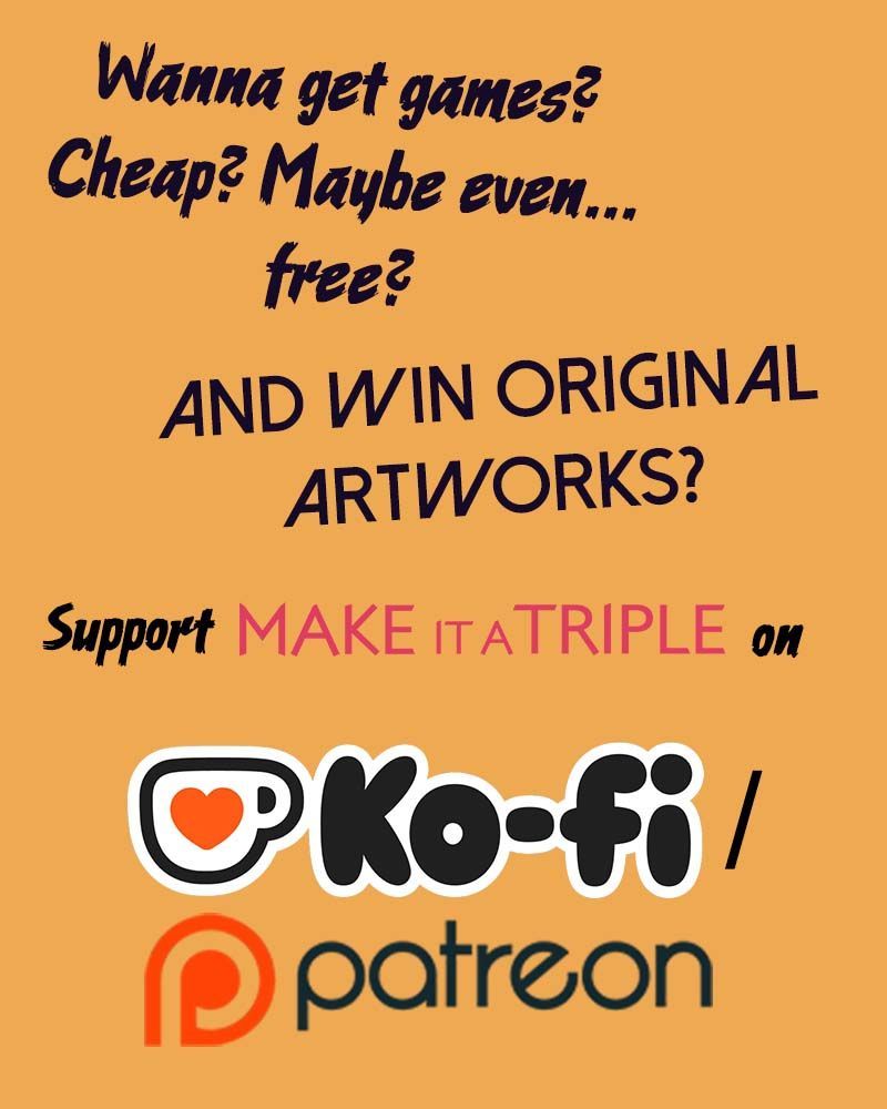 An ad image for the Ko-fi and Patreon campaigns of Make it a Triple studio, offering free or discounted games and original artworks.
