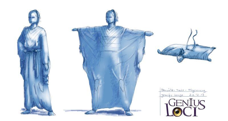 A concept art sheet showing a character in a flying suit, which looks like a fantasy-style wingsuit