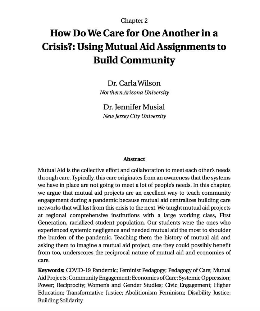 Screenshot of a book page. Chapter is titled How Do We Care for One Another in a Crisis? Using Mutual Aid Assignments to Build Community. The authors are Carla Wilson and Jennifer Musial
