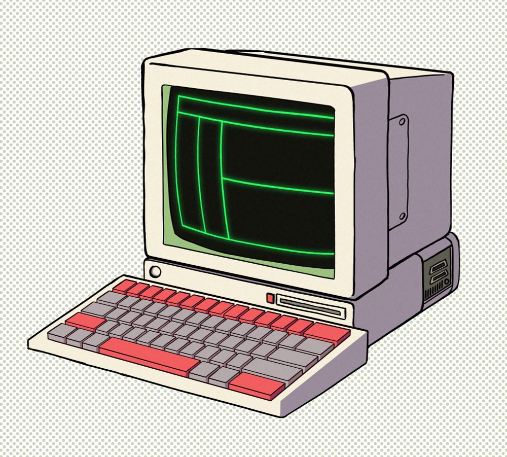 A drawing of a retro computer with a CRT monitor.