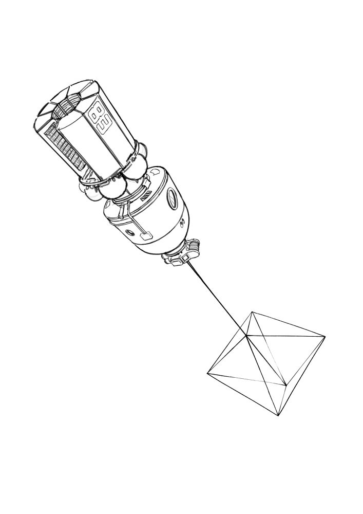 Sketched drawing of a spacecraft with spindly wire "sail".