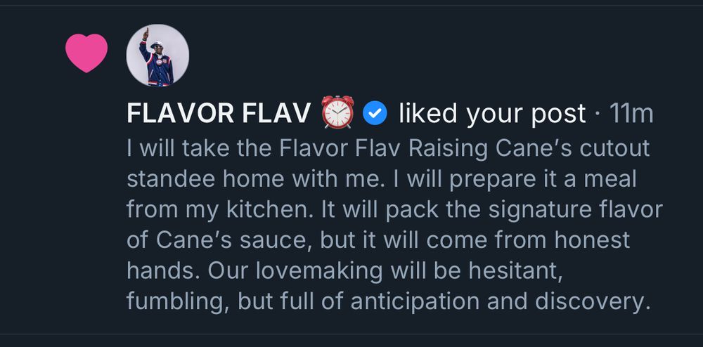 Screen capture of Flavor Flav liking the above post about me fucking cardboard. 