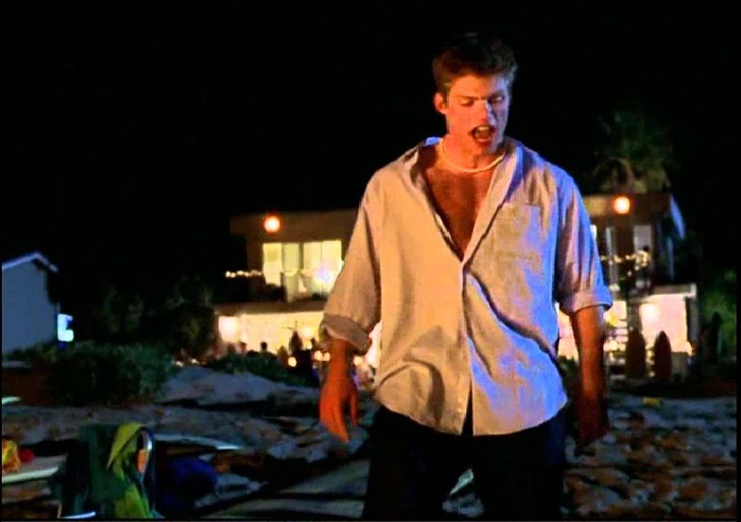 Screen capture of The O.C.'s first episode, showing Luke on the beach at night after punching Ryan and shouting the immortal line "Welcome to the O.C., bitch"