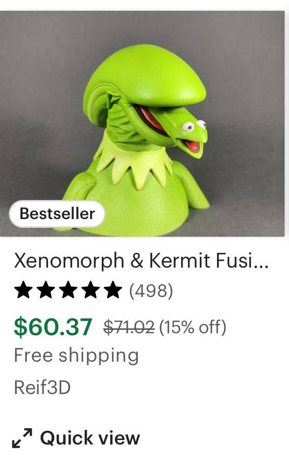 Screencapture of an Etsy listing for a bust statue of a fusion of the Xenomorph from Aliens and Kermit the Frog. It has 5 stars from 498 reviews, and is marked down to only $60.37 with free shipping. Really, it’s like they’re giving it away. 