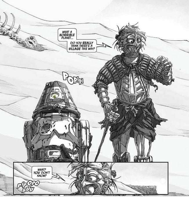 A screenshot of a panel from Takashi Okazaki's "Star Wars: Visions (2024)" with what appears to be two droids traveling through the desert. One says to the other "What a horrible planbet. Do you really think there's a village this way?" The other droid responds "popipi". The taller droid responds "What? You don't know?"