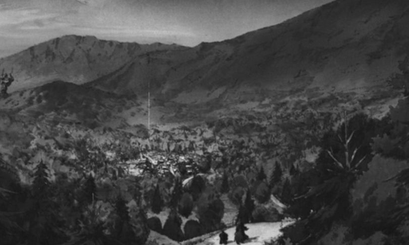 An early image from Star Wars: Visions "The Duel" looking down at the village. 