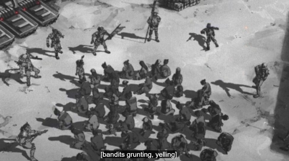 An early image from Star Wars: Visions with the villagers gathered in a circle in the middle of town. 