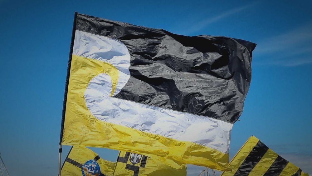 A tino rangatiratanga flag, with the red section swapped to yellow. 
