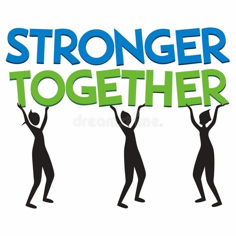 The silhouettes of three persons holding up the words "Stronger together"