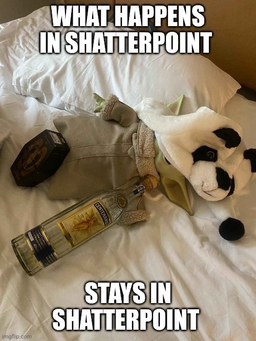 There is text on the image that says "What happens at Shatterpoint stays in Shatterpoint." The image is a picture of a baby Yoda plushie laying in a hotel bed. He has a panda hat, an empty bottle of alcohol, and a deck of Sabacc playing cards. 
