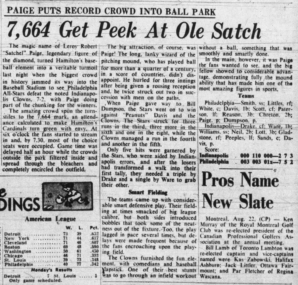 Newspaper clipping from 1950 with headline reading: 7,664 get peek at Ole Satch; Paige puts record crowd into ball park