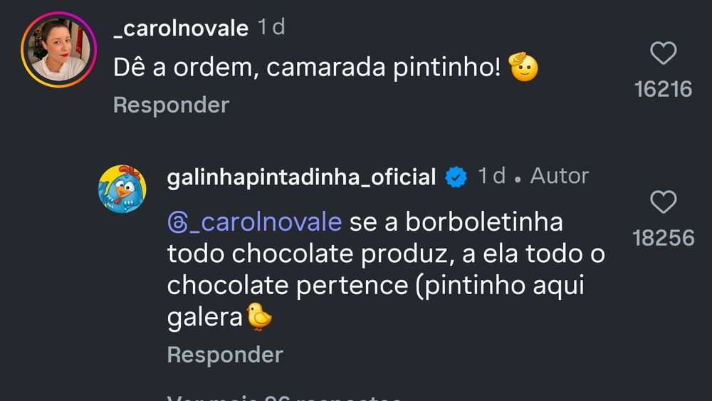 O perfil oficial de galinha pintadinha no Instagram dizendo "se a borboletinha todo chocolate produz, a ela todo o chocolate pertence"