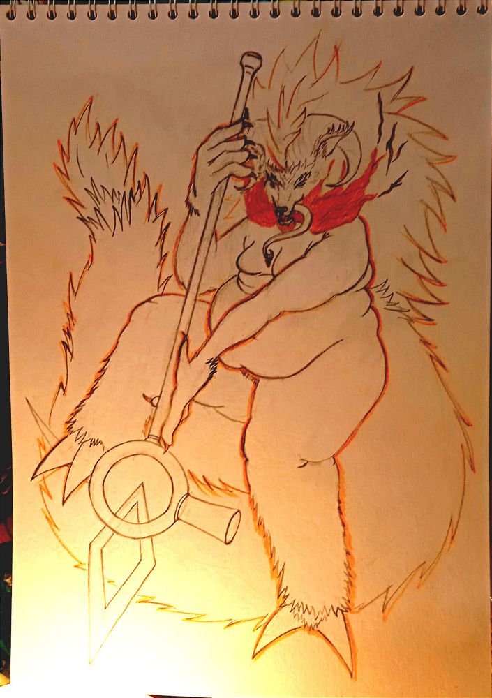 Pencil sketch of chubby furry anthto fox with hooves and ram horns, wielding hammer with spear blade on top. She breaths fire, and her tongue with poisoned claw on edge is hissing out of her mouth