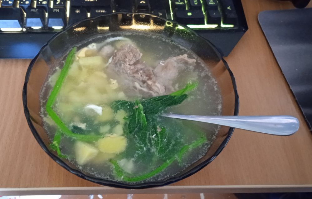 Photo of a bowl of soup, based on pork broth, with potato, egg and nettle as ingridients. A fork is forking out of bowl.