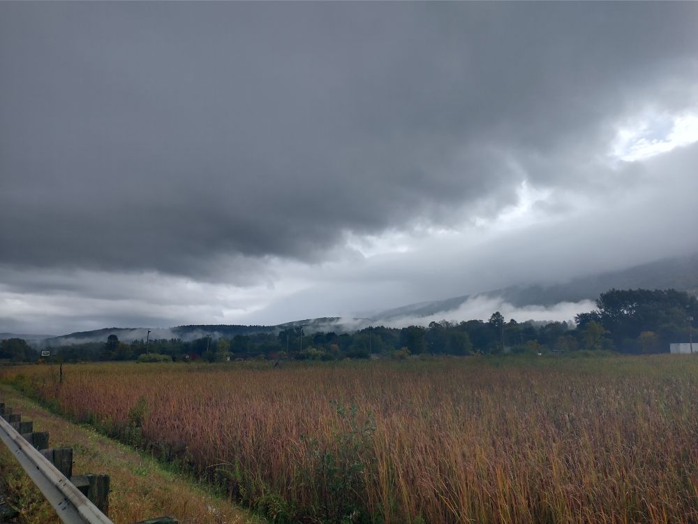 A grassy meadow below the rolling Berkshire Hills of Massachusetts. It is overcast and fog drapes the mountains.