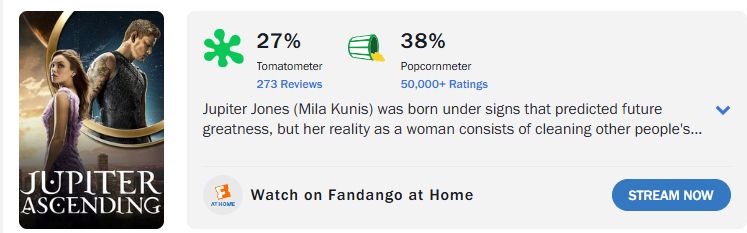 Rotten Tomatoes scorecard for Jupiter Ascending (2015) 

Critics: 27%
Audiences: 38% 