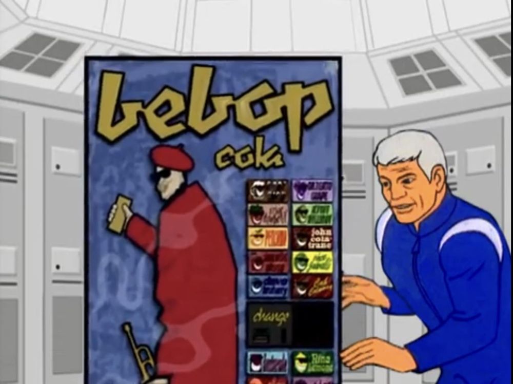 Captain Murphy shakes a Bebop Cola machine in to get it to release a can of Mingus Dew. From Sealab 2021. 