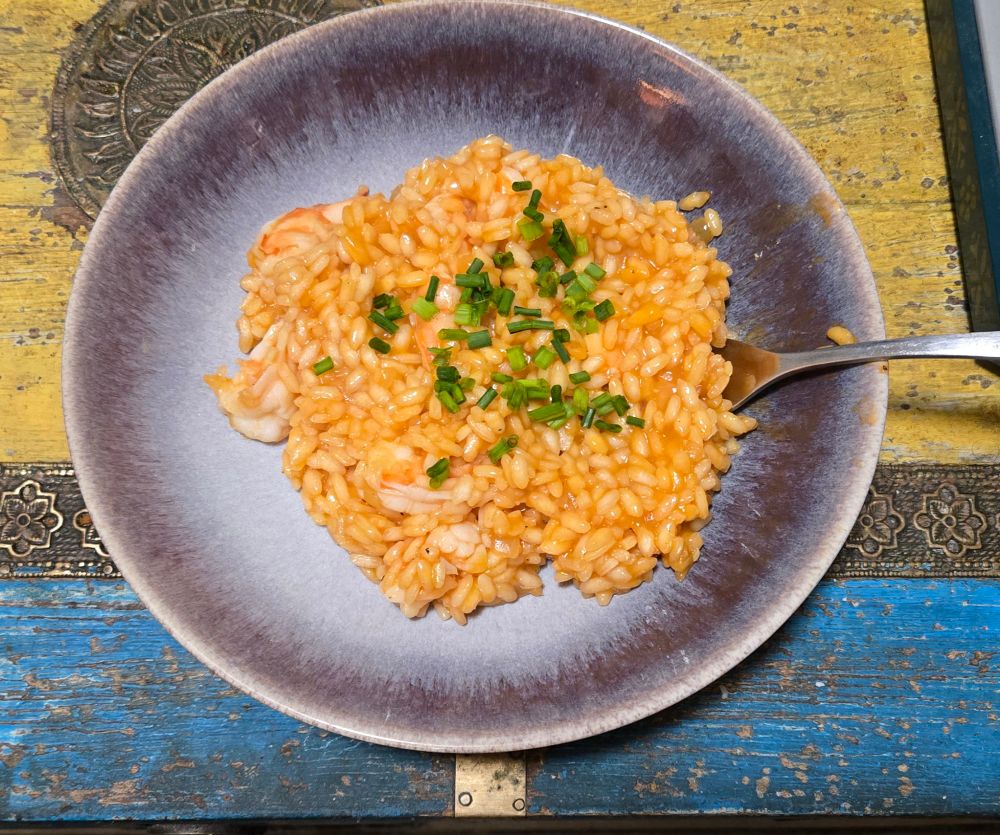 a bowl of the shrimp risotto with some poorly sliced chives on top. The chives were unnecessary but I thought it needed some green and I'm not a huge fan of parsley. Like, I wouldn't say i dislike it and i think it's a really useful ingredient in things like meatballs, but whenever I have parsley as a garnish I always think "well I could've done without that flavor. Not really bringing much to the party." There's a pasta dish i make a lot where the recipe calls for a bunch of parsley and it ends up being the main flavor of the sauce so I've just swapped that with a combo of chives and basil. I guess what I'm trying to say is parsley is not ready for the big time. It should only be a supporting player.