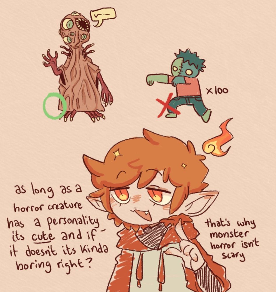Image of my oc Kin, with a unique monster drawn above and marked "correct" as well as a generic zombie x100 marked "incorrect"

the dialogue is: 
As long as a horror creature has a personality it's cute and if it doesn't it's kinda boring right? that's why monster horror isn't scary.