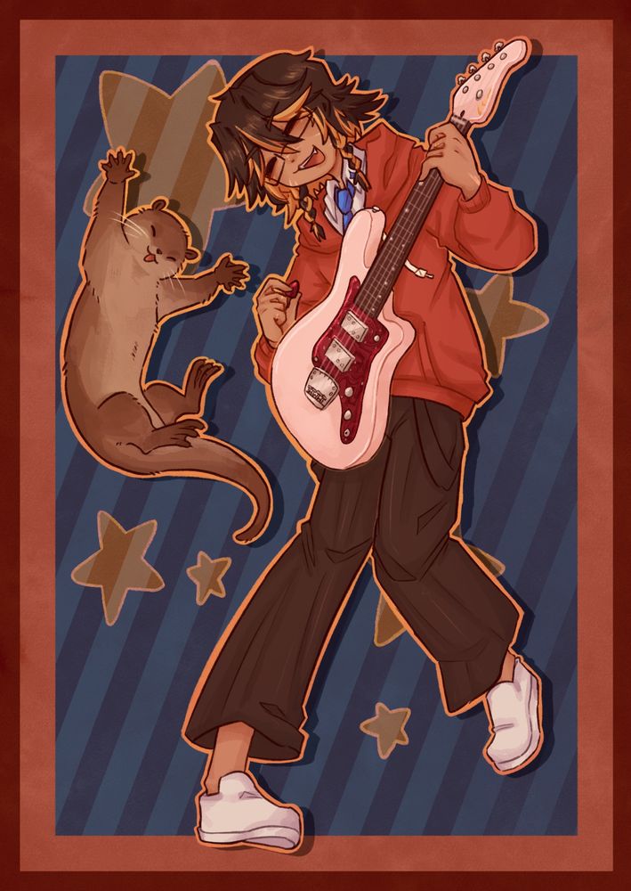 Hal's oc Pina she is playing a Bass and looks happy also there's an otter there jamming out too 