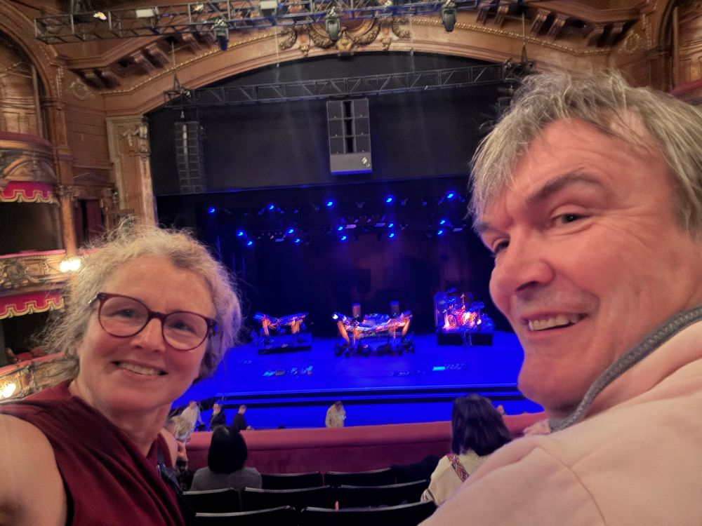 Obligatory half-time selfie of Lin and me with the Rick Wakeman stage set behind us