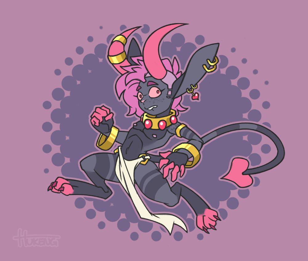 A diminutive imp with dark grey skin and pink details, wearing a light loincloth, golden jewelry and a large collar adorned with reddish gems, shown running with a distressed expression