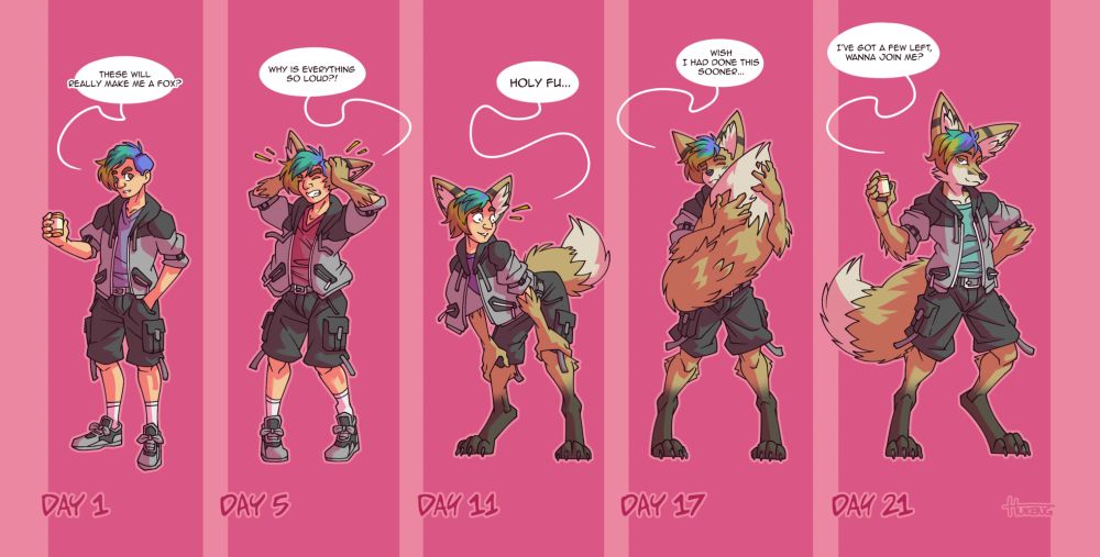 Five-step sequence showing a young man with rainbow-coloured hair transforming into an anthropomorphic fennec fox over the course of three weeks.
Image 1: Our protagonist is holding a box of pills and casting a sceptical glance at the viewer.
Dialogue: These will really make me a fox?
Caption: Day 1.
Image 2: Our progagonist holding his now massive, fluffy fox ears with a pained expression.
Dialogue: Why is everything so loud?!
Caption: Day 5.
Image 3: Our protagonist looking back in wonder at the massive, fluffy tail that has just burst from his pants. Their hands and feet have turned into anthro vulpine paws.
Dialouge: Holy Fu...
Caption: Day 11.
Image 4: Our protagonist, amost completely transformed, lovingly hugging his tail.
Dialogue: Wish I had done this sooner...
Caption: Day 17.
Image 5: Our protagonist, now fully transformed into an anthro fennec, with his rainbow hair as the only remaining element that survived throughout the entire process. He's holding the pill box from the first image and looking at the viewer with a mischievous grin.
Dialogue: I've got a few left, wanna join me?
Caption: Day 21.