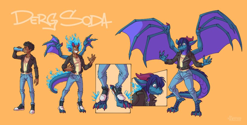 Five-panel sequence showing a young man transforming into an anthropomorphic dragon after consuming a can of a thematically appropriate beverage.
Title: DERG SODA
Image 1: our protagonist drinking from a bright blue can
Image 2: Our protagonist is growing wings, horns and a long draconic tail. His hair has burst into blue flames, and dragon claws have begun ripping out of his shoes.
Image 3: Close-up of the foot claws growing to full size.
Image 4: Close-up of the head and face taking on their final form, a draconic snout framed by large ears and thick, recurve horns. The last blue flames are slowly dying down and leaving behind long, smooth, purple hair.
Image 5: full-body view of the final form, a winged anthropomorphic dragon with dark teal and purple scales.