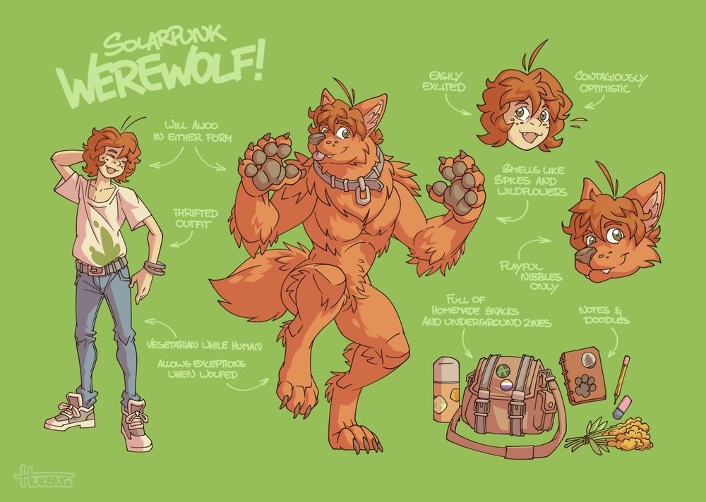 Reference sheet style illustration featuring a werewolf character in both their human and beast form, accompanied by little snippets of flavour text.
Title: Solarpunk Werewolf!
Image 1: The character's human form, a somewhat scruffy looking individual with messy red hair, freckles, disheveled clothing and a general air of lovable dorkiness.
Text: will awoo in either form - thrifted outfit
Image 2: The character's werewolf form, a large and fluffy creature with massive paws resembling a playful dog more than anything else.
Text: vegetarian while human - allows exceptions when wolfed - smells like spices and wildflowers
Image 3: Head shot of the human form, casting a curious and excited glance at the viewer.
Text: easily excited - contagiously optimistic
Image 4: Head shot of the wolf form.
Text: playful nibbles only
Image 5: Assorted clutter - a thermos, a large messenger bag (text: full of homemade snacks and underground zines), a notebook with a pencil and eraser (text: notes & doodles), a small bunch of yellow flowers.