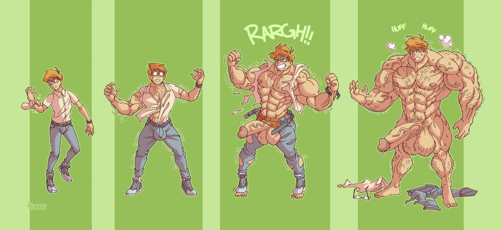 Four-step sequence showing a young, stereotypical nerd transforming into a massive, hairy, monstrously muscular beast of a man with a cartoonishly oversized dick and balls.
Image 1: Our protagonist is being grabbed at the wrist by a hand reaching in from outside the frame. Sparks of green energy are flickering around the point of contact.
Image 2: Our protagonist is undergoing a violent, uneven growth spurt, with his muscle mass rapidly increasing and causing his shirt tor rip and pop open in places. A massive bulge is already forming in his tight jeans.
Image 3: Our protagonist is bursting out of his outfit, buttons popping off and shredded fabric falling to the ground as his form becomes too large to be contained. A massive erection is snaking its way out of his destroyed legwear.
Dialogue: RARGH!!
Image 4: Our protagonist in his final form, standing amidst the discarded remains of his clothing and panting heavily. His body has grown into a giant mass of bulging muscle beyond anything that could reasonably be achieved through natural means, covered in body hair and with a semi-erect, cartoonishly oversized manhood dangling between his legs.
Dialogue: Huff, Huff