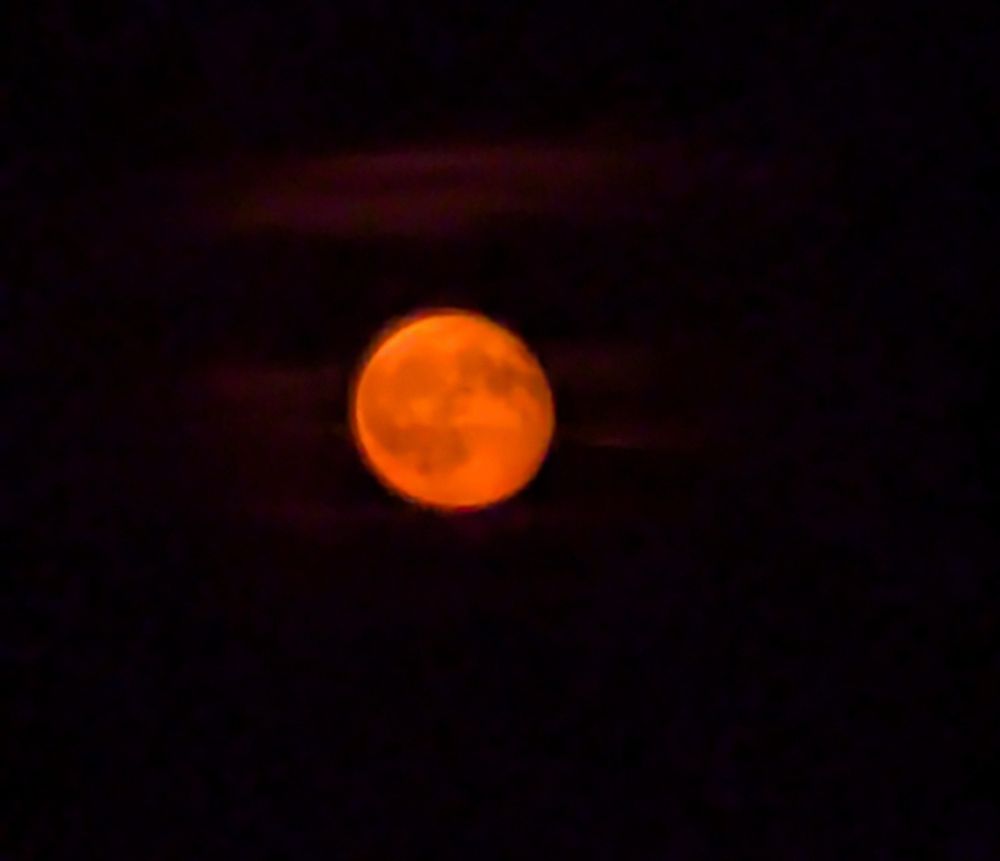A pumpkin-orange moon with dark spots that make it look like a grinning Jack O' Lantern