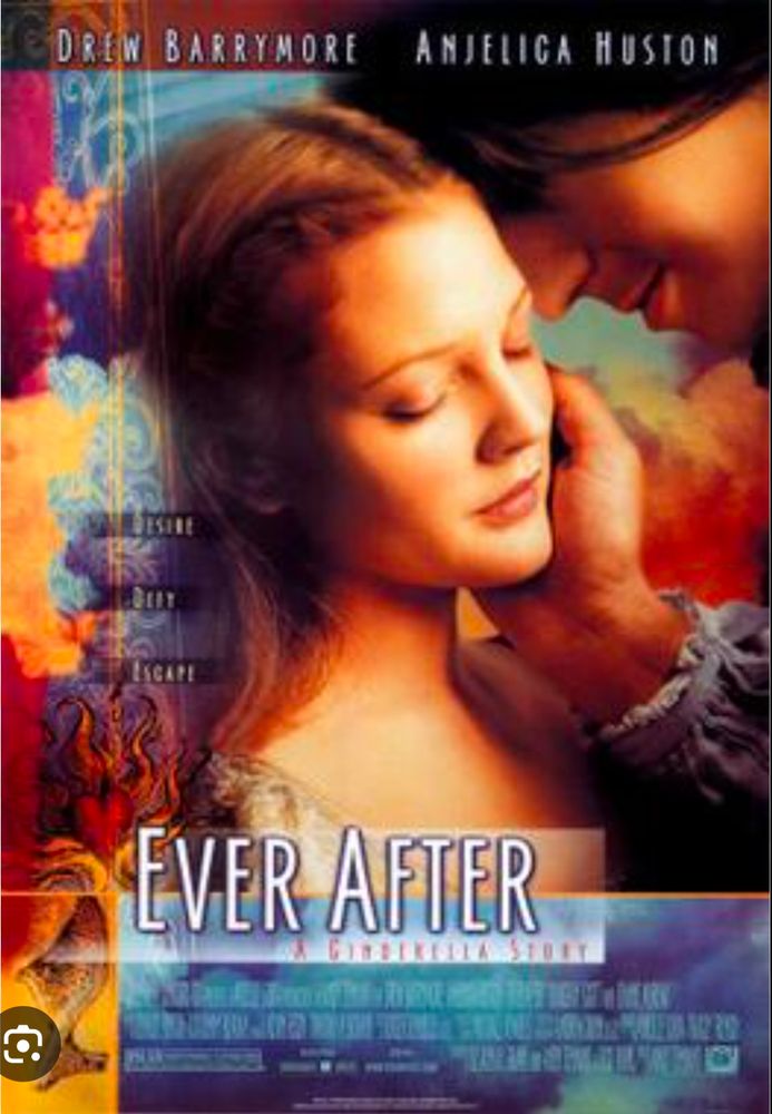 Ever After movie poster showing a close-up up Drew Barrymore with Dougray Scott cupping her face in his hand, with a colorful background