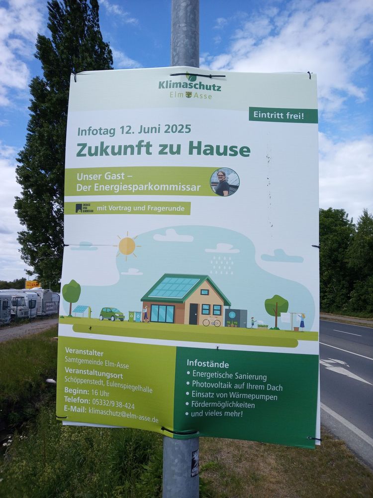 Werbeplakat für eine Infoveranstaltung zum Thema Gebäudeenergie mit dem "Energiespar-Kommissar" in Schöppenstedt