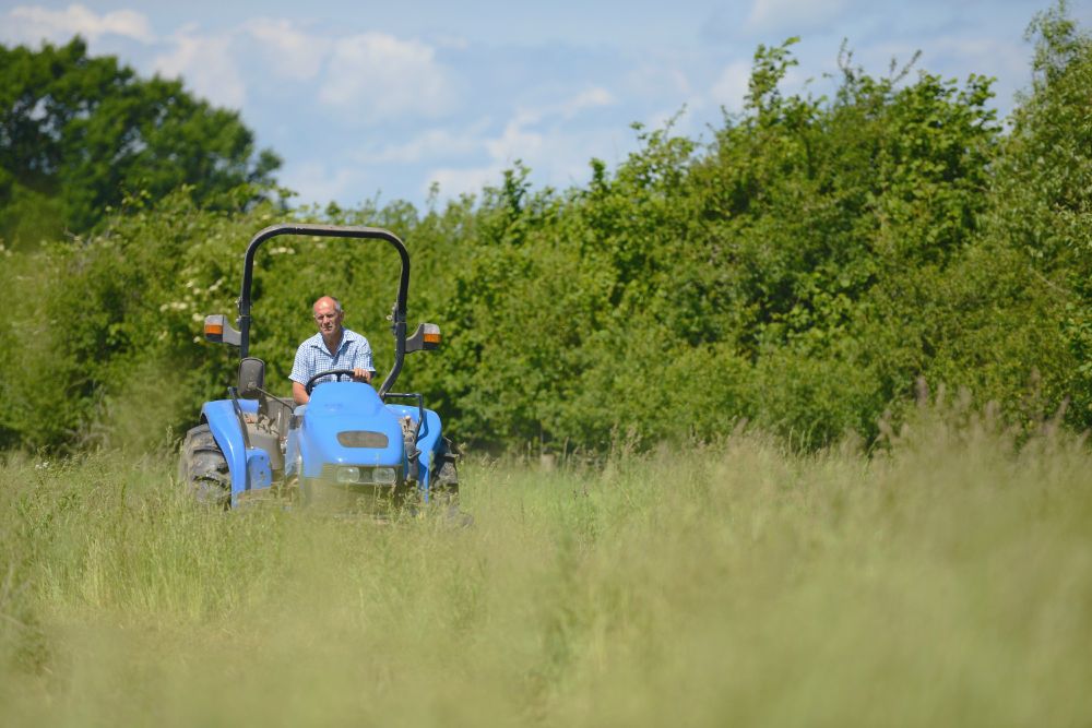 A farmer drives a small blue tractor through a field of tall, swaying grass, framed by thick, green hedgerows. The sky is bright and clear, a picture of productive land working in harmony with nature. This is what a nature-friendly future looks like...farming that supports wildlife, healthy soils, and thriving landscapes. But without stable support, this future is uncertain.  