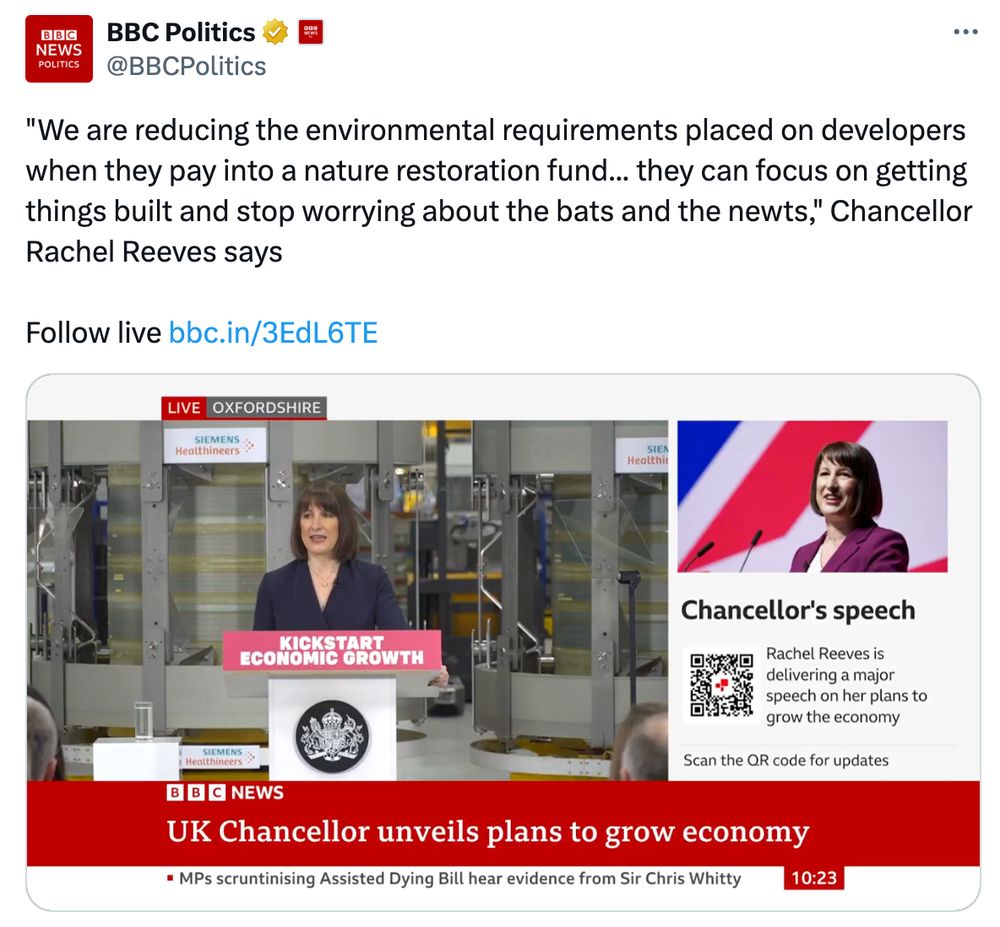 Screenshot of a BBC Politics tweet shows Chancellor Rachel Reeves speaking at a podium during a live broadcast of her speech. The quote at the top reads, “We are reducing the environmental requirements placed on developers when they pay into a nature restoration fund… they can focus on getting things built and stop worrying about the bats and the newts,” as she addresses the audience. In the background, there are large screens displaying the live stream of the speech, with a banner at the bottom reading “Kickstarting Economic Growth.”